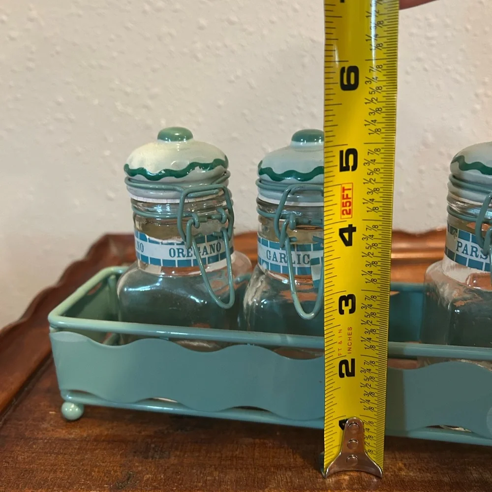 Vintage Aqua Ceramic-Top Spice Jar Set with Carrier